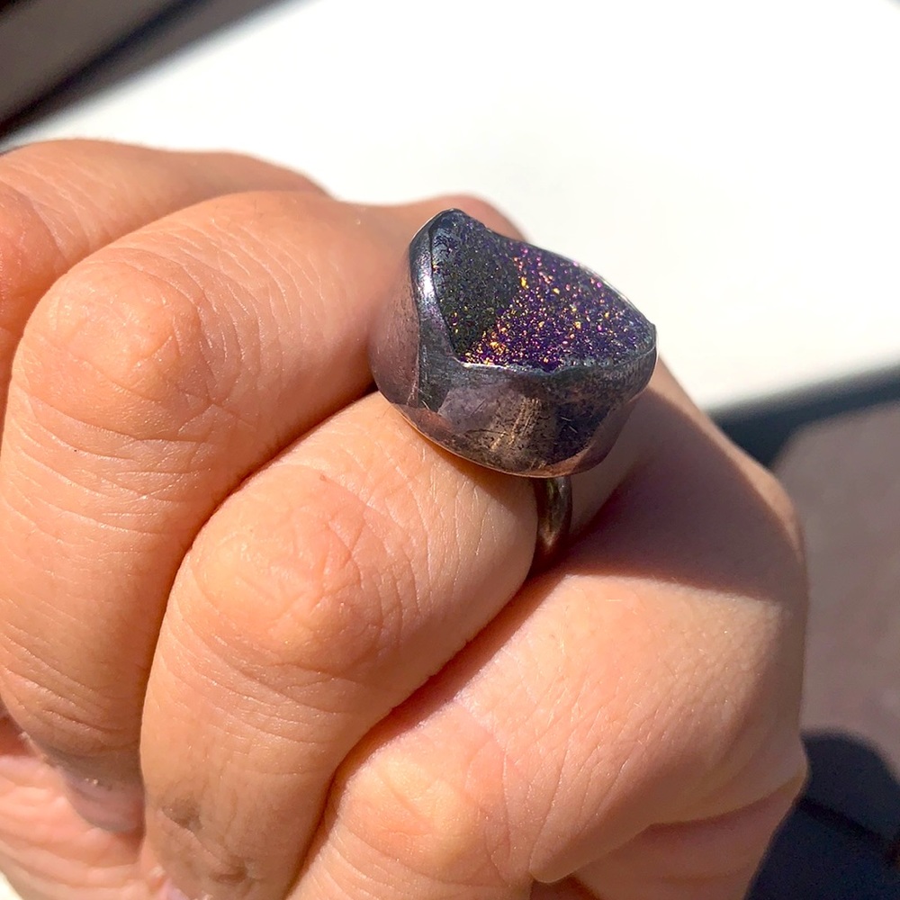 Druzy Iridescent 925 Silver Statement Ring - image 3